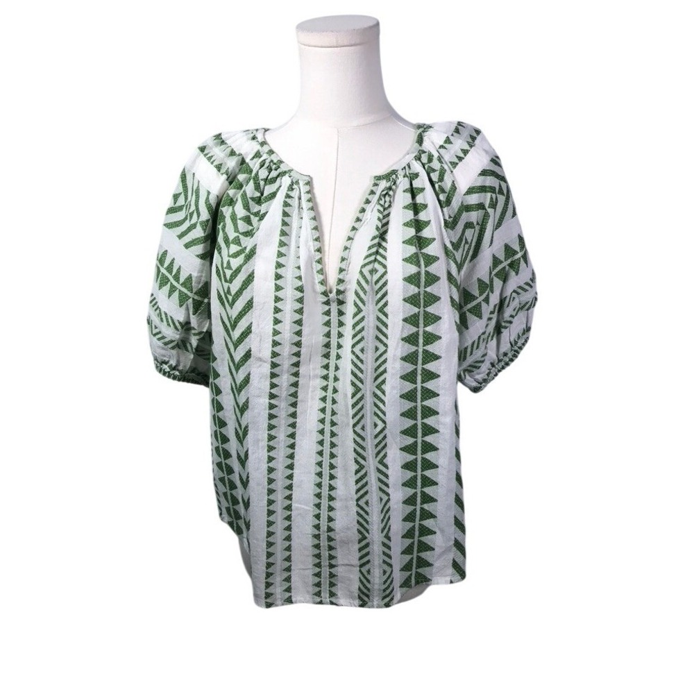 Velvet by Graham & Spencer Green White Geometric Cotton Peasant Blouse Small